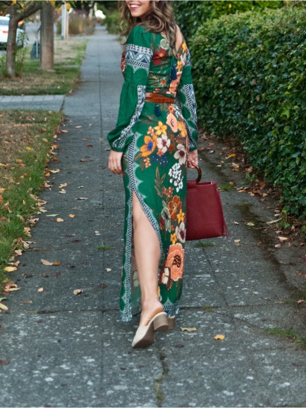 Farm Rio Anthropologie Verdor Maxi Dress Floral Long Sleeve Emerald Green M new - Picture 2 of 13